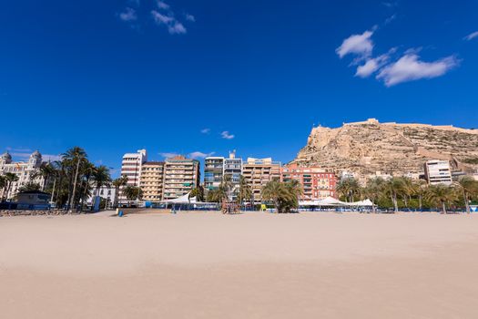 Alicante Postiguet beach and castle Santa Barbara in Spain Valencian Community
