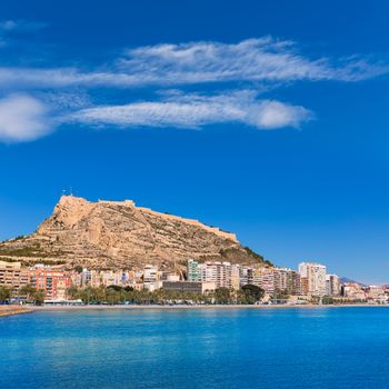 Alicante Postiguet beach and castle Santa Barbara in Spain Valencian Community