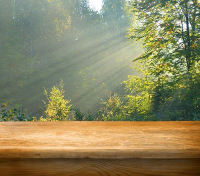 Empty wooden deck table with autumn forest in background. Ready for product display montage.