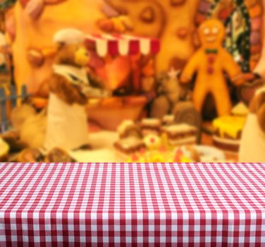 Christmas holiday background with empty wooden deck table and santa claus home