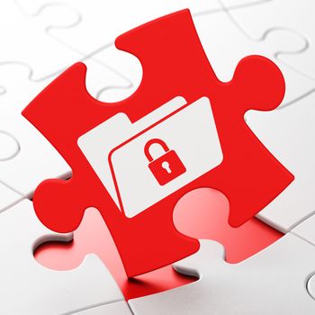 Business concept: Folder With Lock on Red puzzle pieces background, 3d render