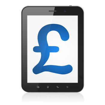 Currency concept: black tablet pc computer with Pound icon on display. Modern portable touch pad on White background, 3d render