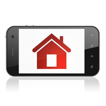 Safety concept: smartphone with Home icon on display. Mobile smart phone on White background, cell phone 3d render