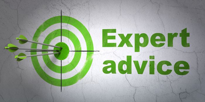 Success law concept: arrows hitting the center of target, Green Expert Advice on wall background, 3d render