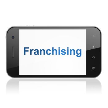 Business concept: smartphone with text Franchising on display. Mobile smart phone on White background, cell phone 3d render