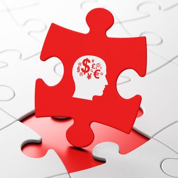 Education concept: Head With Finance Symbol on Red puzzle pieces background, 3d render
