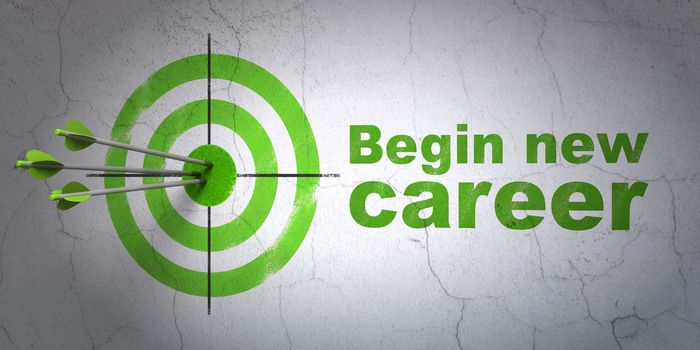 Success finance concept: arrows hitting the center of target, Green Begin New Career on wall background, 3d render