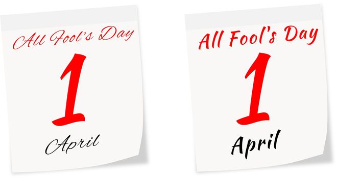 Calendar page with date of All Fool's Day on 1 st April 2014 isolated on a white background