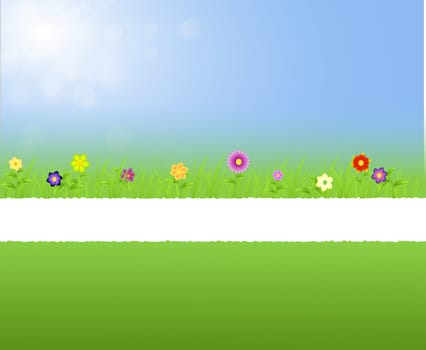 Torn paper middle spring landscape with flowers,grass,raindrops on a blue sunny background with ray of lights