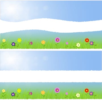 Torn paper middle spring landscape with flowers,grass,raindrops on a blue sunny background with ray of lights