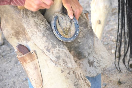 Male farrier working on a horseshoe outside.