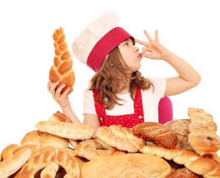 little girl cook with bread and ok hand sign