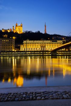 night view from Lyon city near the Fourviere cathedral and Saône river