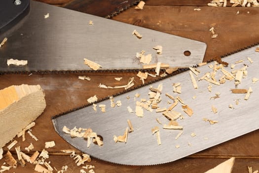 carpenter's tools on a workbench close up