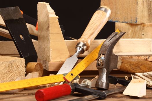 carpenter's tools close up on work bench