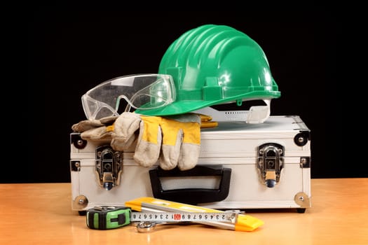 Safety gear kit close up on toolbox