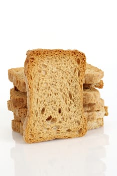 Close up of rusk bread slices on white 