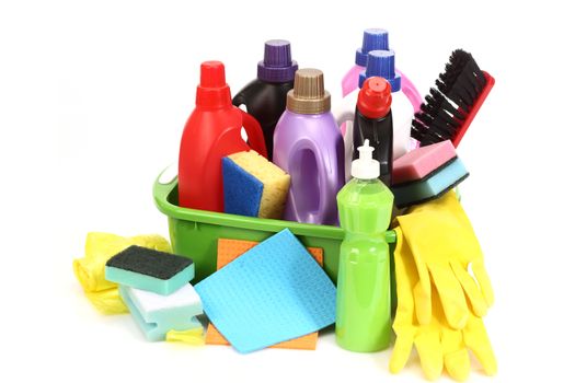 Household chemical goods for cleaning on white 