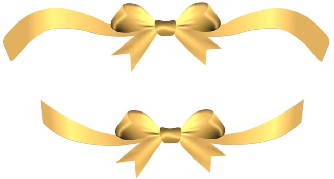 Satin golden bow with ribbons on the gift or heart isolated on a white background