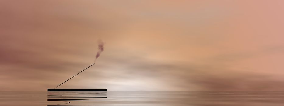 One incense stick with smoke upon water in brown background