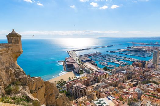 Alicante skyline aerial view from Santa Barbara Castle in Spain