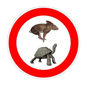 Hare and galapagos turtle inside speed limit symbol in white background