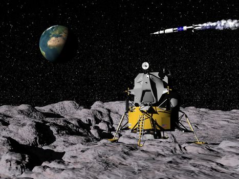 Apollo on moon surface, saturn V in the background with earth - Elements of this image furnished by NASA