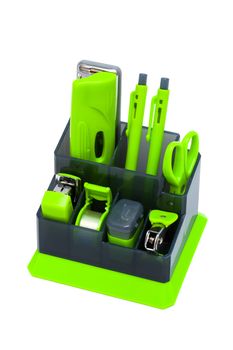 green desk organizer on a white background