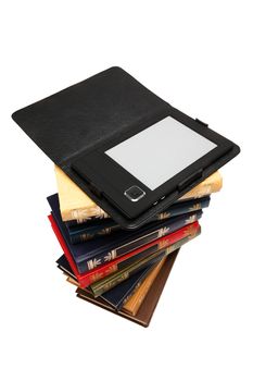 e-book and old books on a white background