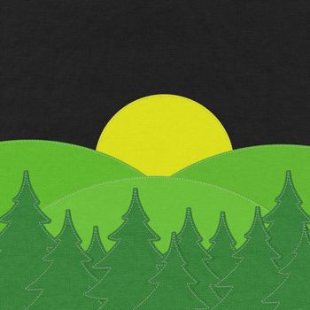 Landscape with pine forests in the mountains with stitch style on fabric background
