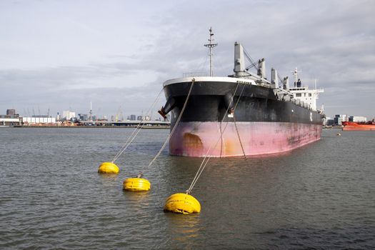 Bulk cargo vessel lies at anchor in the Rotterdam waalhaven