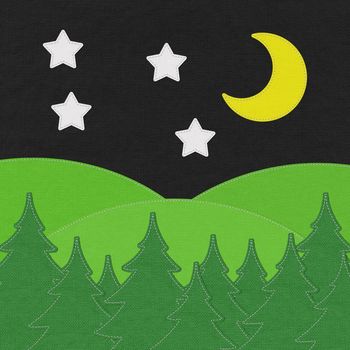 Landscape with pine forests in the mountains with stitch style on fabric background