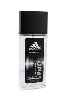 Bucharest, Romania - January 24th: A bottle of Adidas body spray Isolated On White Background. Adidas dynamic pulse was launched in 1997 by the design house of adidas . It is a refreshing scent that is recommended for daytime wear. 