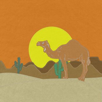 Lone Camel in the Desert sand with stitch style on fabric background