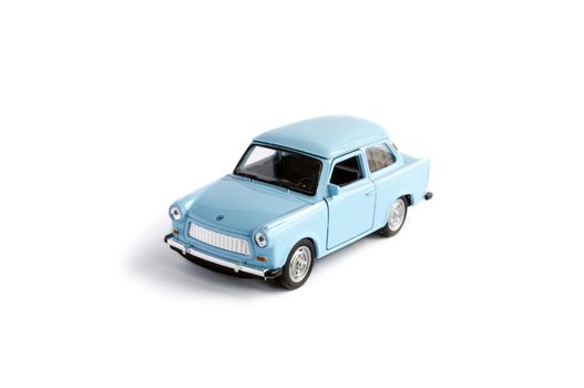 Bucharest, Romania - Jan 24, 2014: Photo of a toy Trabant isolated on white. The Trabant is a car that was produced by former East German auto maker VEB Sachsenring Automobilwerke Zwickau in Zwickau, Saxony