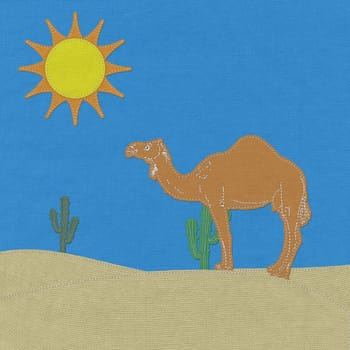 Lone Camel in the Desert sand with stitch style on fabric background