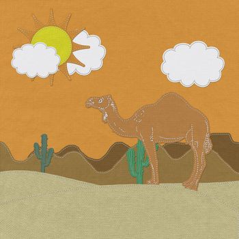 Lone Camel in the Desert sand with stitch style on fabric background