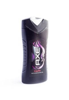 Bucharest, Romania - Jan 24, 2014: A bottle of Axe Excite shower gel isolated on white background. Axe was launched in France in 1983 by Unilever. It was inspired by another of Unilever's brands, Impulse.