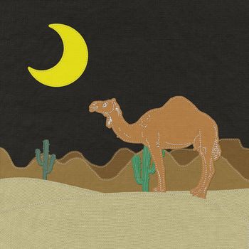 Lone Camel in the Desert sand with stitch style on fabric background