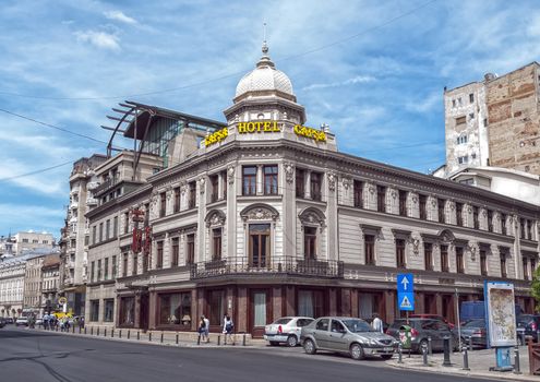 BUCHAREST, ROMANIA - MAY 09: Hotel Capsa facade on May 09, 2013 in Bucharest, Romania. Casa Capșa is a historic restaurant in Bucharest, Romania, first established in 1852.