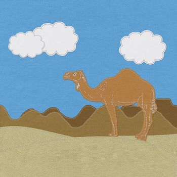 Lone Camel in the Desert sand with stitch style on fabric background