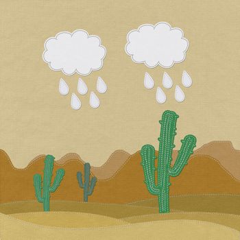 Cactus in the desert with stitch style on fabric background