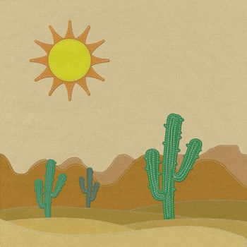 Cactus in the desert with stitch style on fabric background