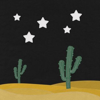 Cactus in the desert with stitch style on fabric background