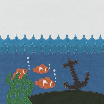 Anchor under the ocean with stitch style on fabric background