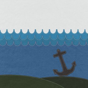 Anchor under the ocean with stitch style on fabric background
