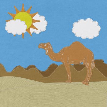 Lone Camel in the Desert sand with stitch style on fabric background