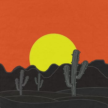 Cactus in the desert with stitch style on fabric background