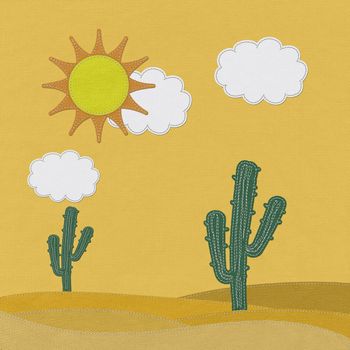 Cactus in the desert with stitch style on fabric background