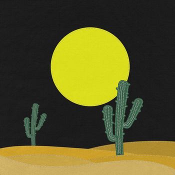 Cactus in the desert with stitch style on fabric background